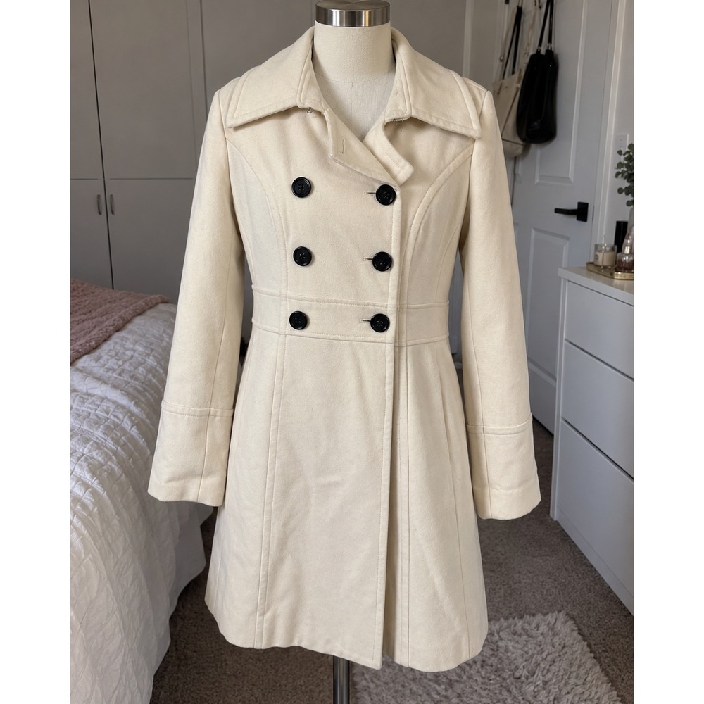 GUESS Women Cream Off White Double Breasted Pea Coat Jacket Flared Belted Back